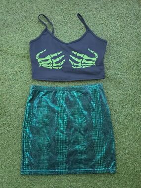 Black Neon Green Skeleton Crop Top & Shimmery Green Mini Skirt Set